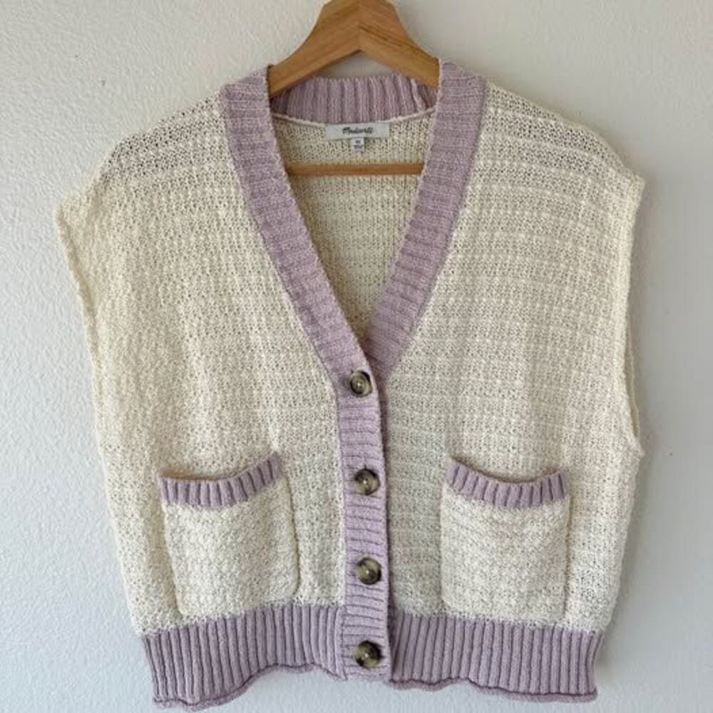 Madewell Cream Textured Knit Sweater Vest Cardigan XS Cotton Blend Contrast Trim
